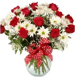 12 adet kırmızı gül papatya vazosu süper  Polatlıya çiçek Ankara çiçekçi telefonları 