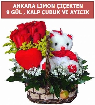 Kalp çubuk sepette 9 gül ve ayıcık  Polatlıya çiçek Ankara çiçekçi telefonları 
